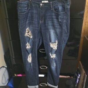 Casual Distressed Boyfriend Jeans in Dark Blue Size 16 Womens